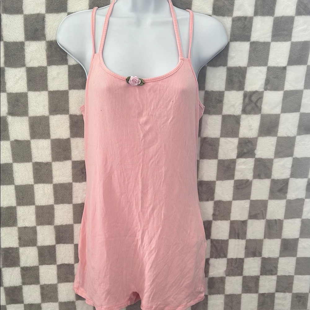 SHEIN NWT Pink Romper with Floral charm Size L/Large with running stich